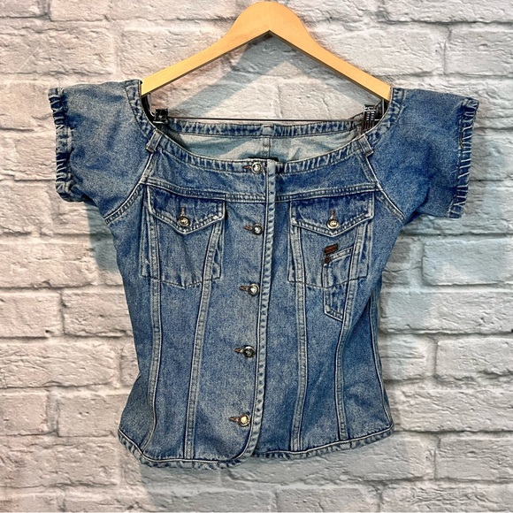 Vintage 90’s Women’s Large Fiorucci Denim Off the Shoulder Fitted Corset Top - Picture 8 of 13